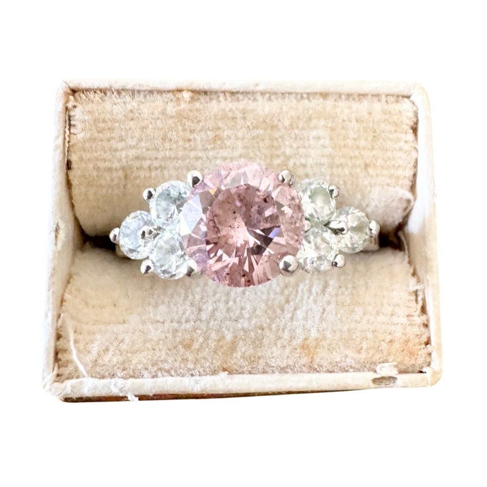 Vintage Pink Cubic Zirconia Silver Tone Engagement Promise Ring Size 10